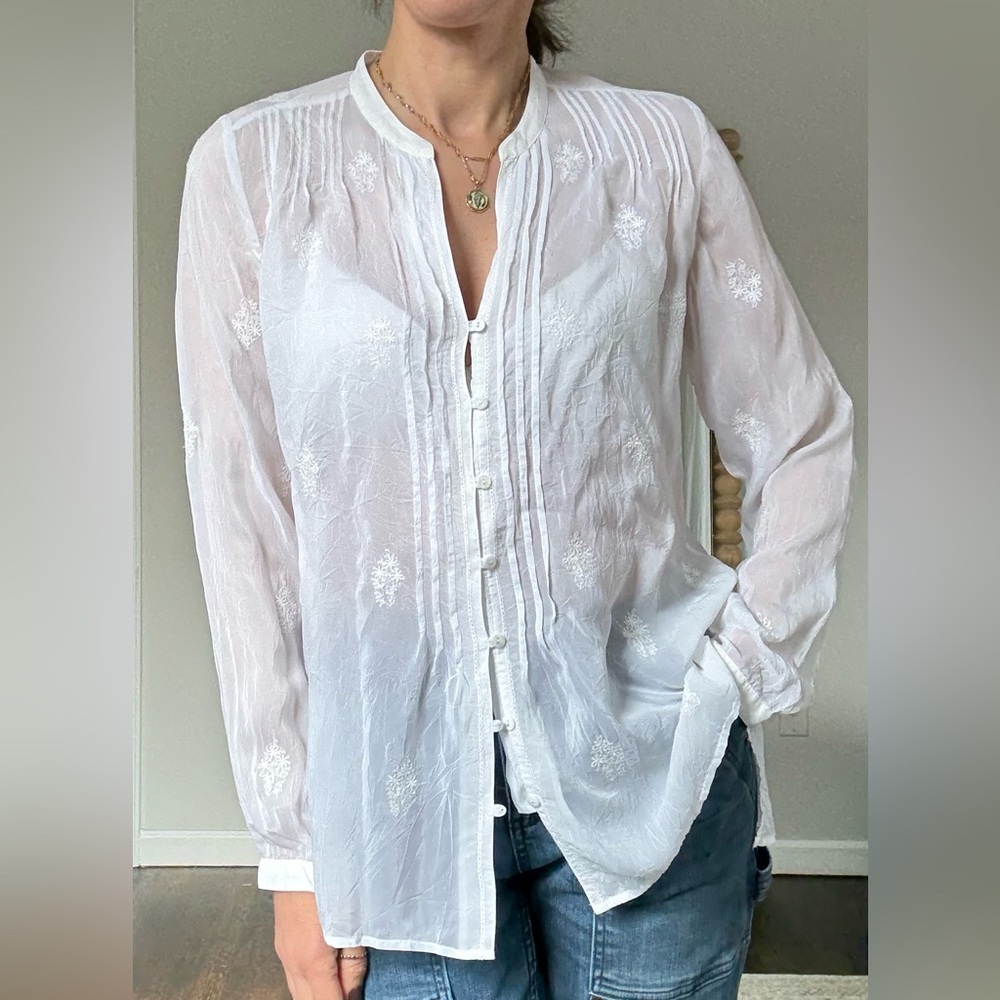 J Jill Sheer Pin tuck Embroidered Tunic Blouse